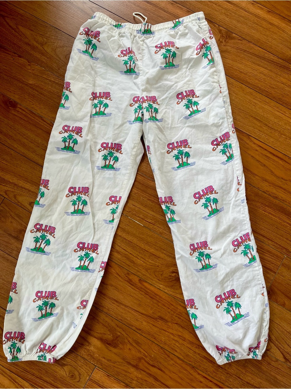 Vintage Club Camel White Palm-Print Drawstring Pants